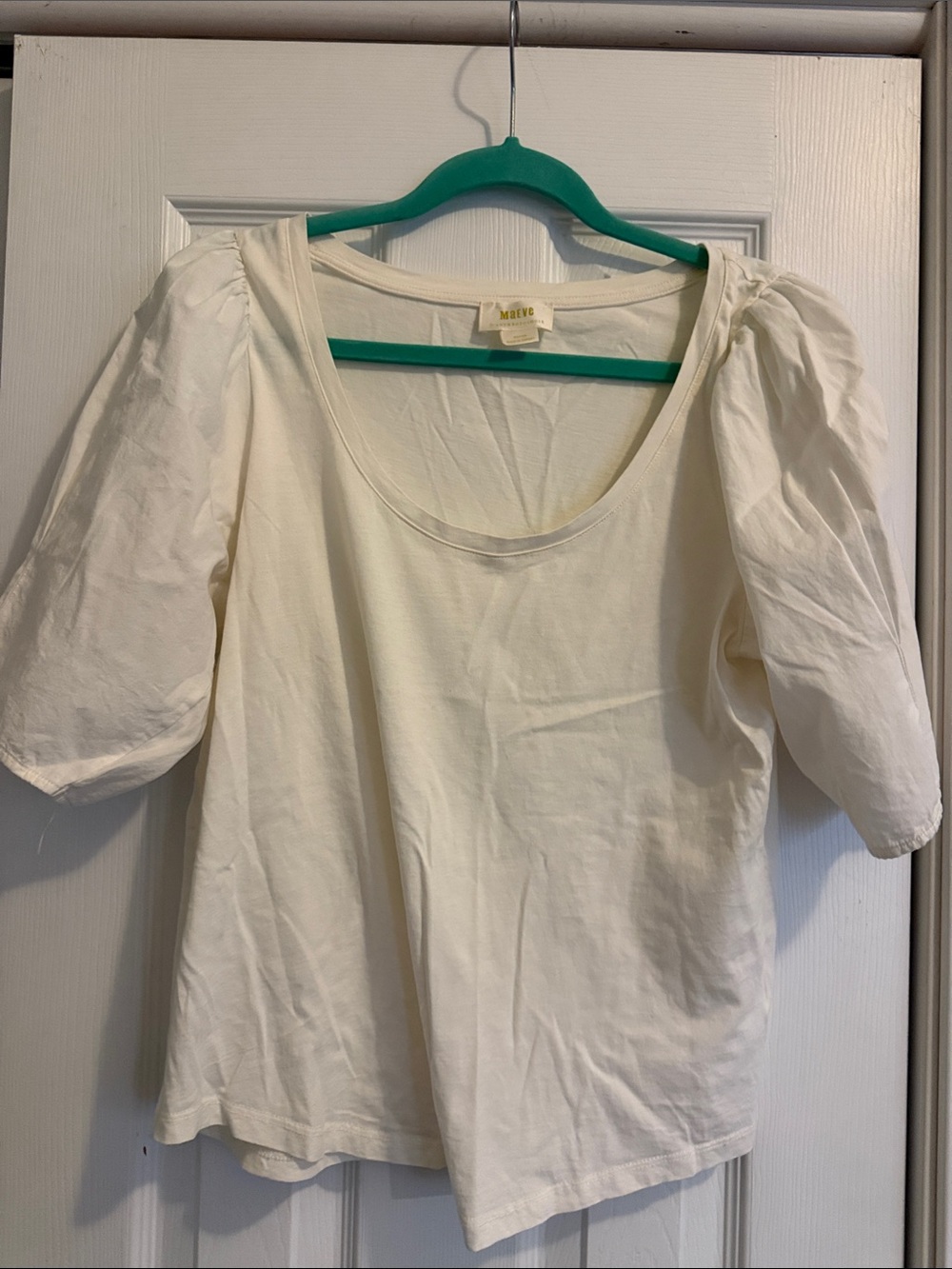 Maeve by Anthropology Cream Scoop-Neck Puff Sleeve Top